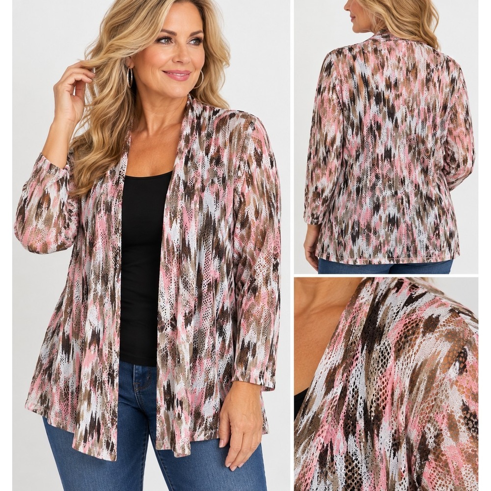 CJ Banks Womens 2X Cardigan Open Front Pink Brown Abstract Open Mesh Knit